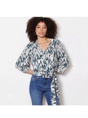 Evereve Teal and White Printed Wrap Blouse